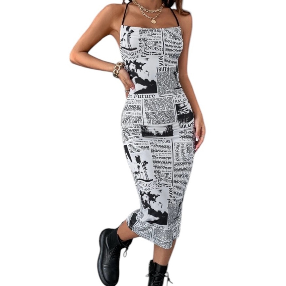 SHEIN ICON Newspaper Print Backless Bodycon Dress